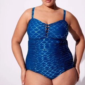 Torrid Slim Fix Wireless Lattice One Piece Swimsuit Mermaid blue size 3X